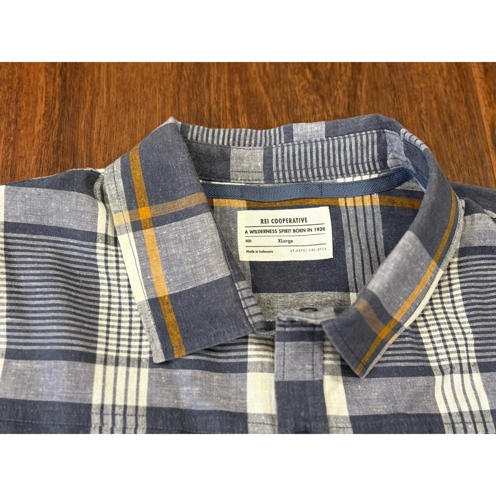 REI Co-Op Shirt Men XL Blue Plaid Hemp Cotton Casual Long‎ Sleeve Button Up